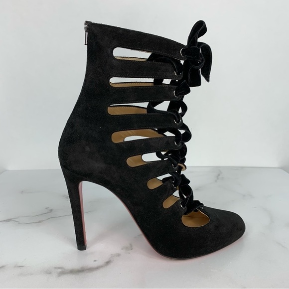 Christian Louboutin Spinetita Velvet Cage Lace-Up Suede Leather Booties Heels - Picture 13 of 16